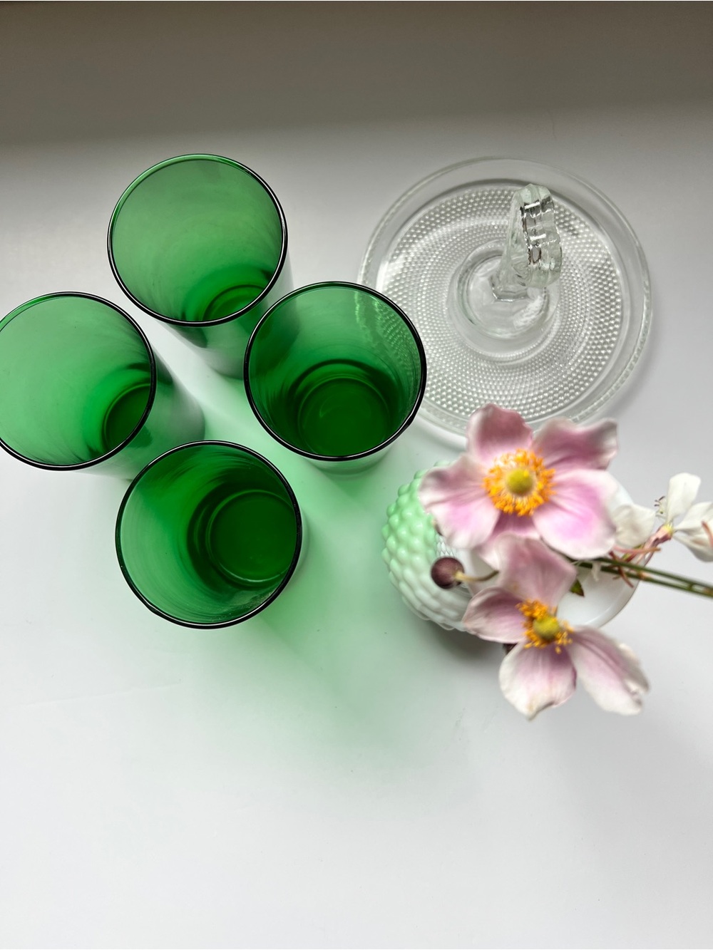 Vintage bundle: Green Glass Tumblers, clear serving dish and hobnail vase
